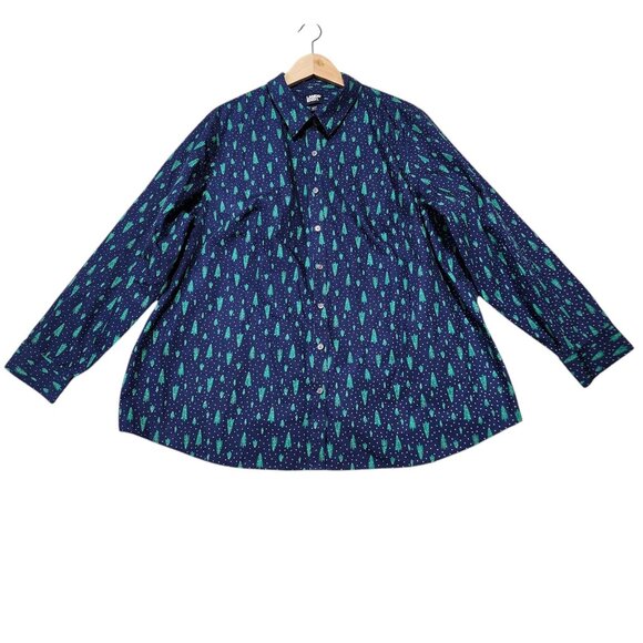 Lands End Womens No Iron Supima Shirt 24W Blue Christmas Green Trees Pattern - Picture 8 of 8